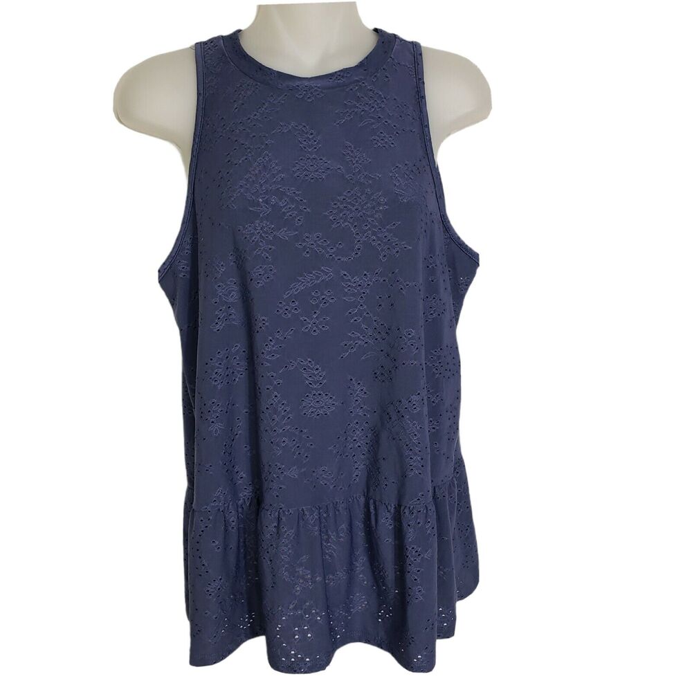 W5 Womens Top Small Blue Knit Eyelet Peplum Hem Crew Neck Sleeveless Loose Fit